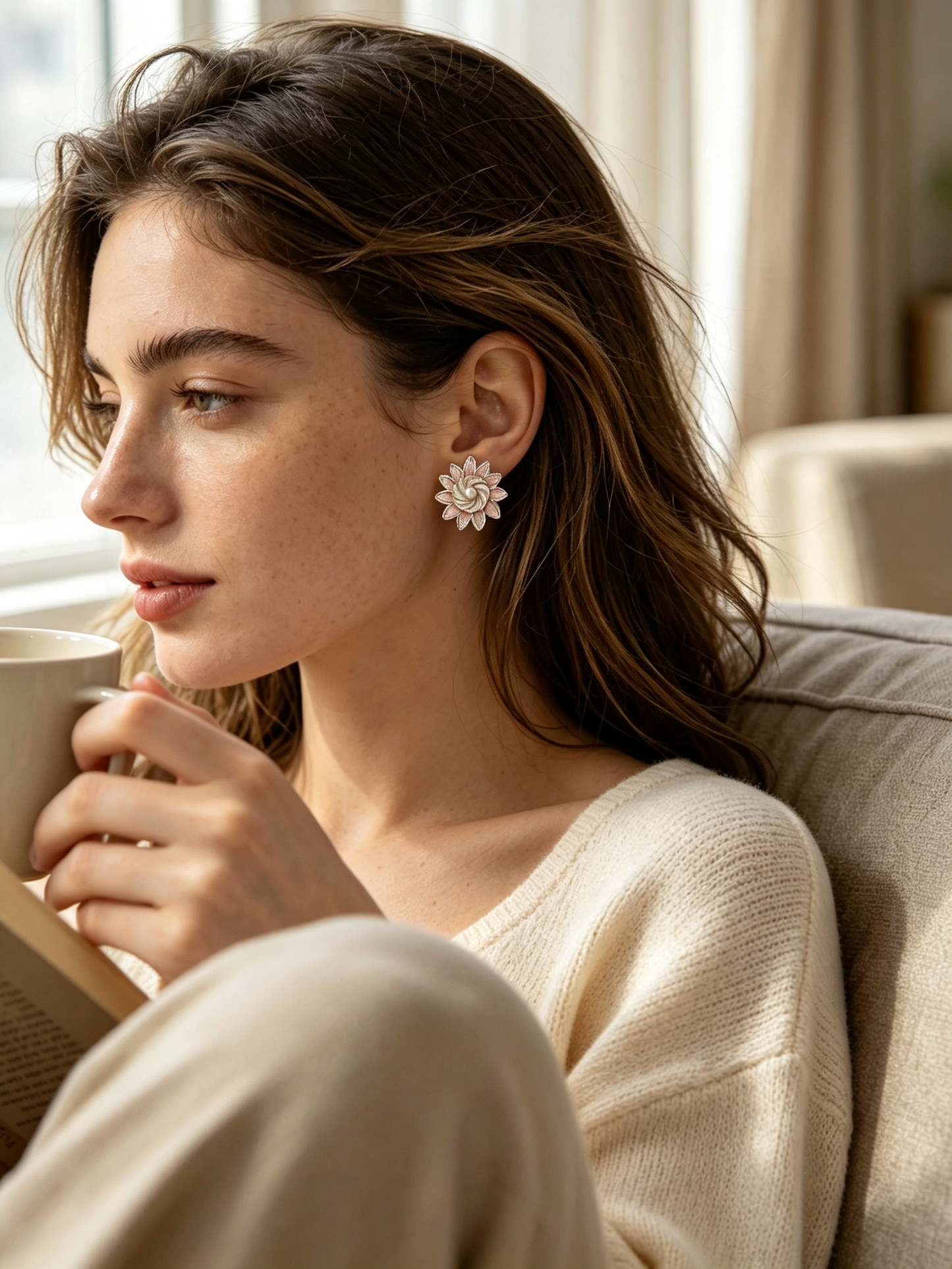 Pink Spiral Flower Pearl Center Stud Earrings