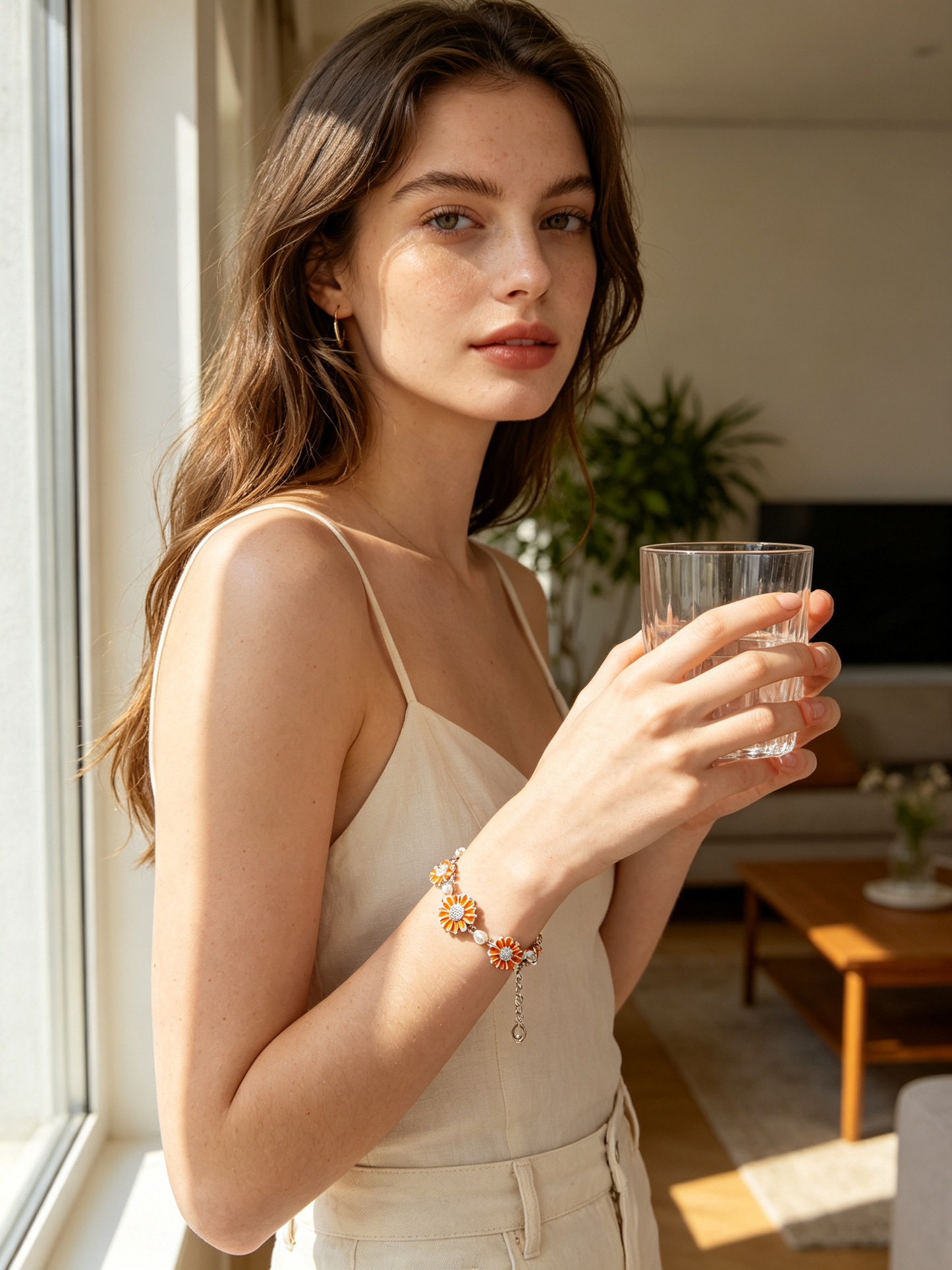 Orange Daisy Pearl Linked Bracelet