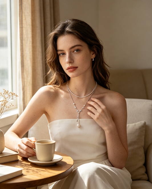 Y‑Shape Floral Branch Double Layer Pearl Necklace