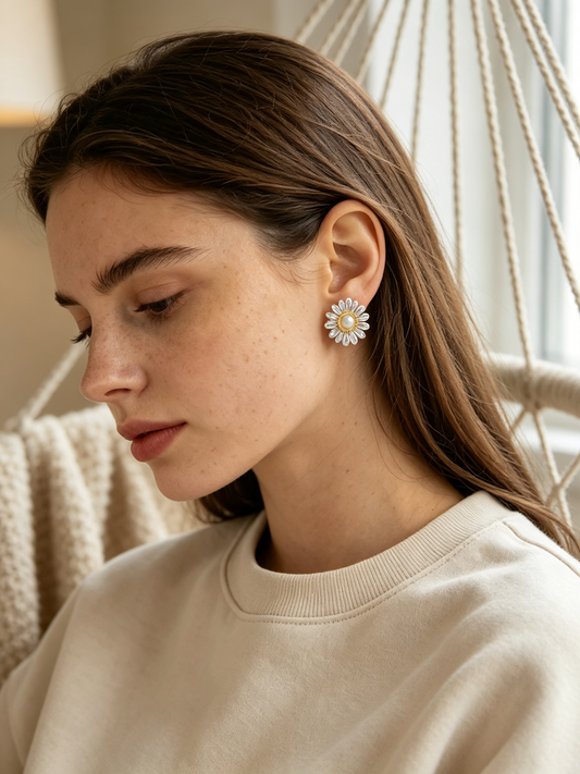 Daisy Pearl Center Silver Stud Earrings