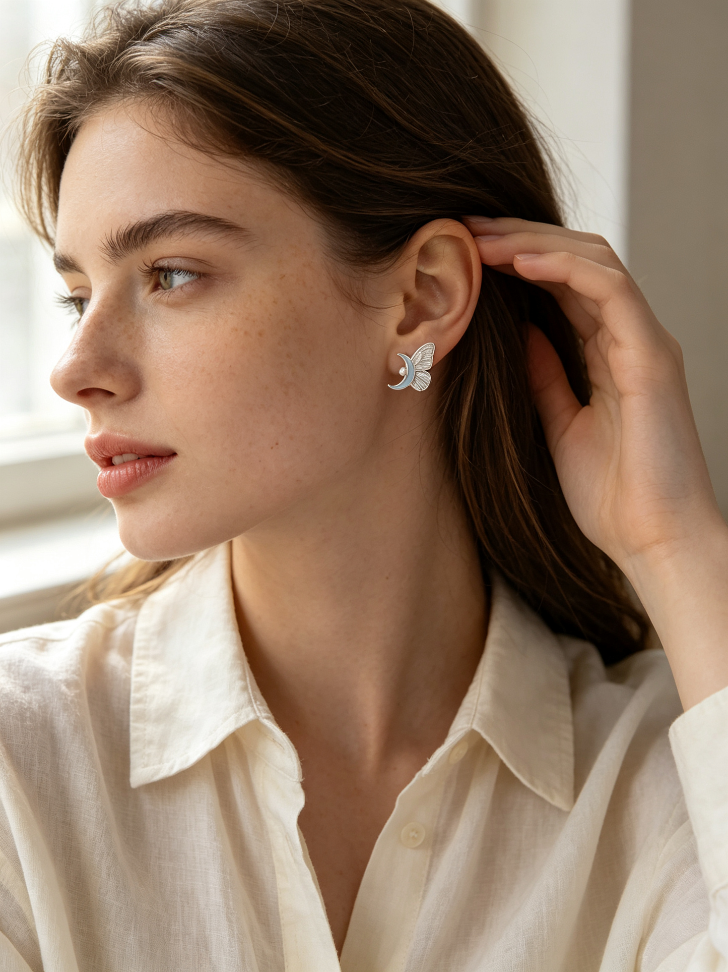Butterfly Blue Crescent Moon Pearl Stud Earrings