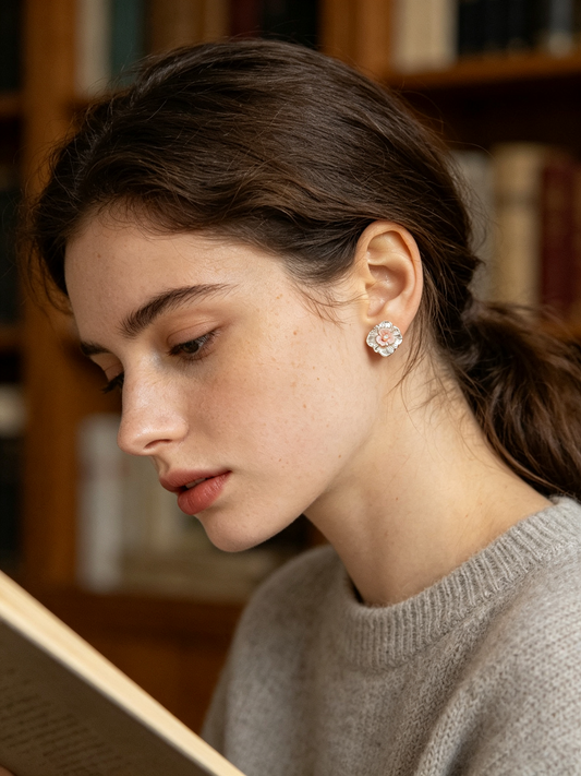 Layered Pink Floral Pearl Center Stud Earrings