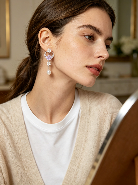Lavender Floral Crescent Moon Pearl Drop Earrings