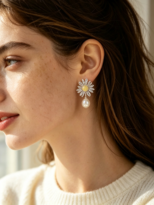Sunflower Crystal Frame Pearl Drop Earrings