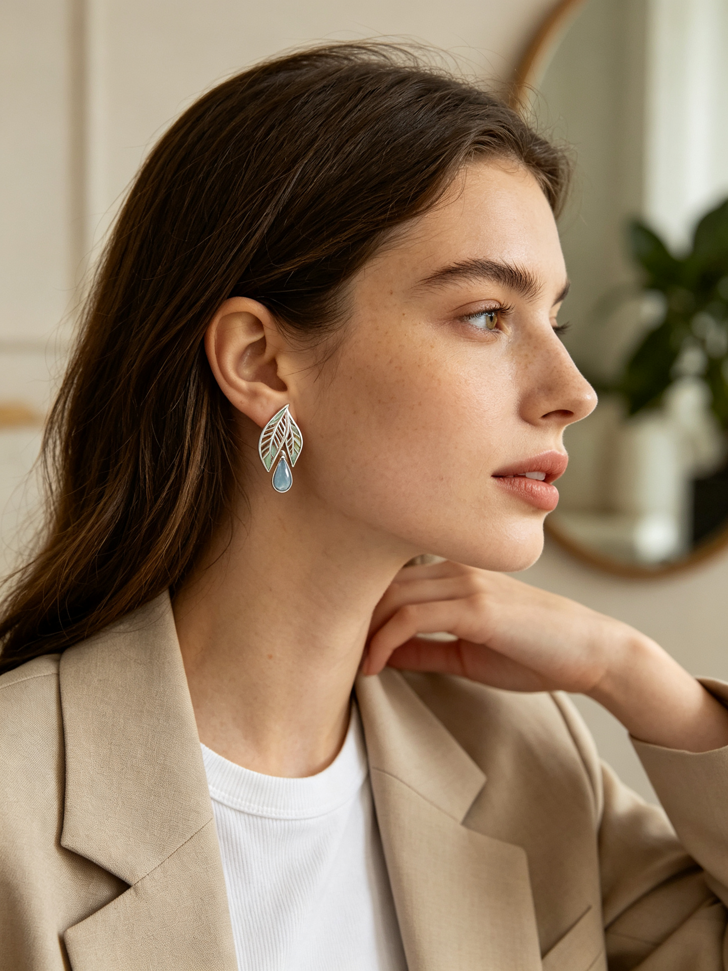 Leaf Openwork Teardrop Gem Drop Earrings