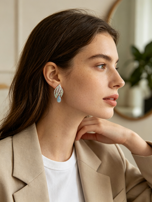 Leaf Openwork Teardrop Gem Drop Earrings