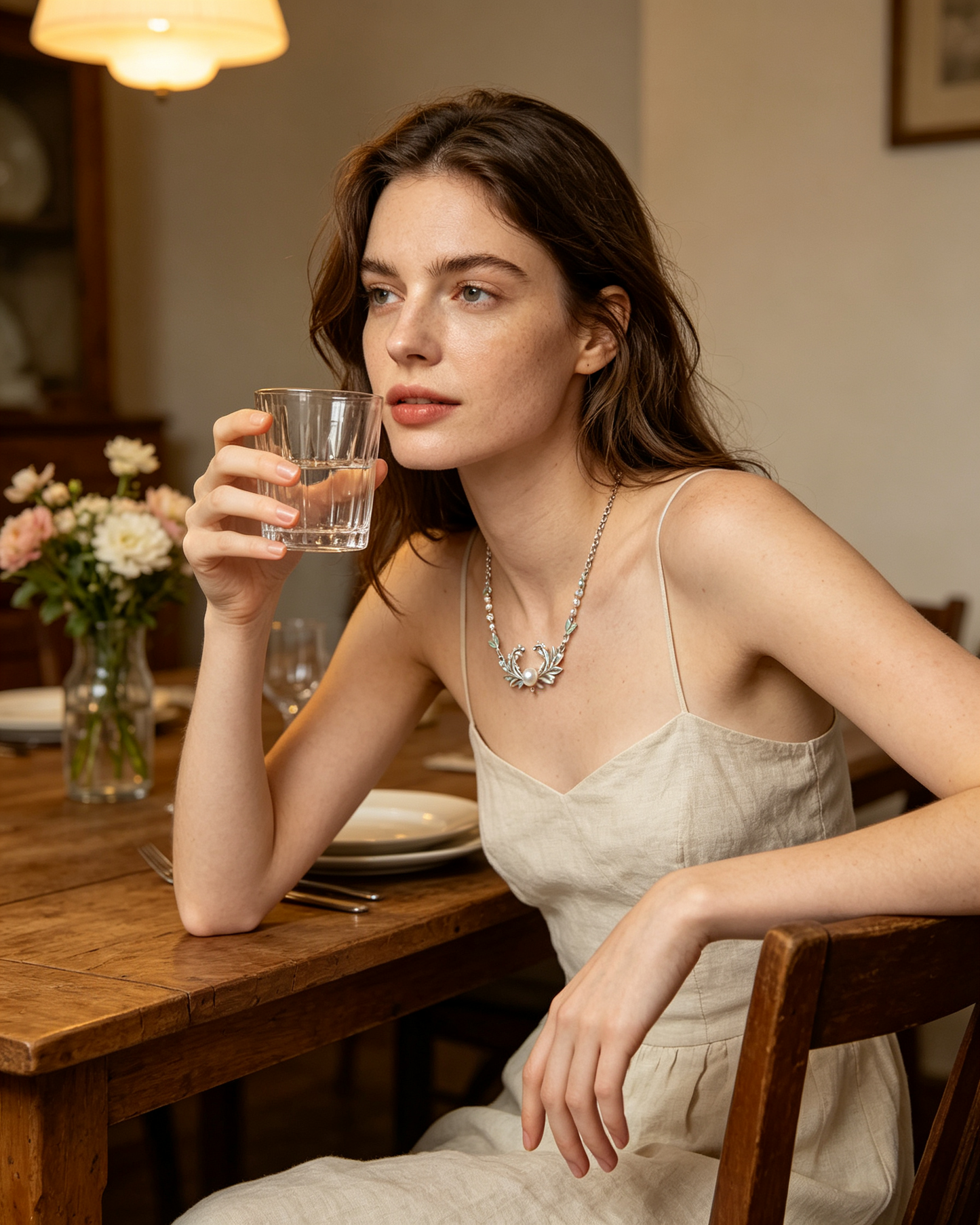 Green Leaf Wreath Pearl Collar Necklace