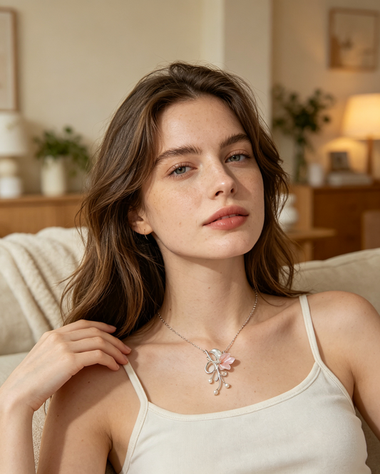 Pink Flower Branch Pearl Drop Pendant Necklace