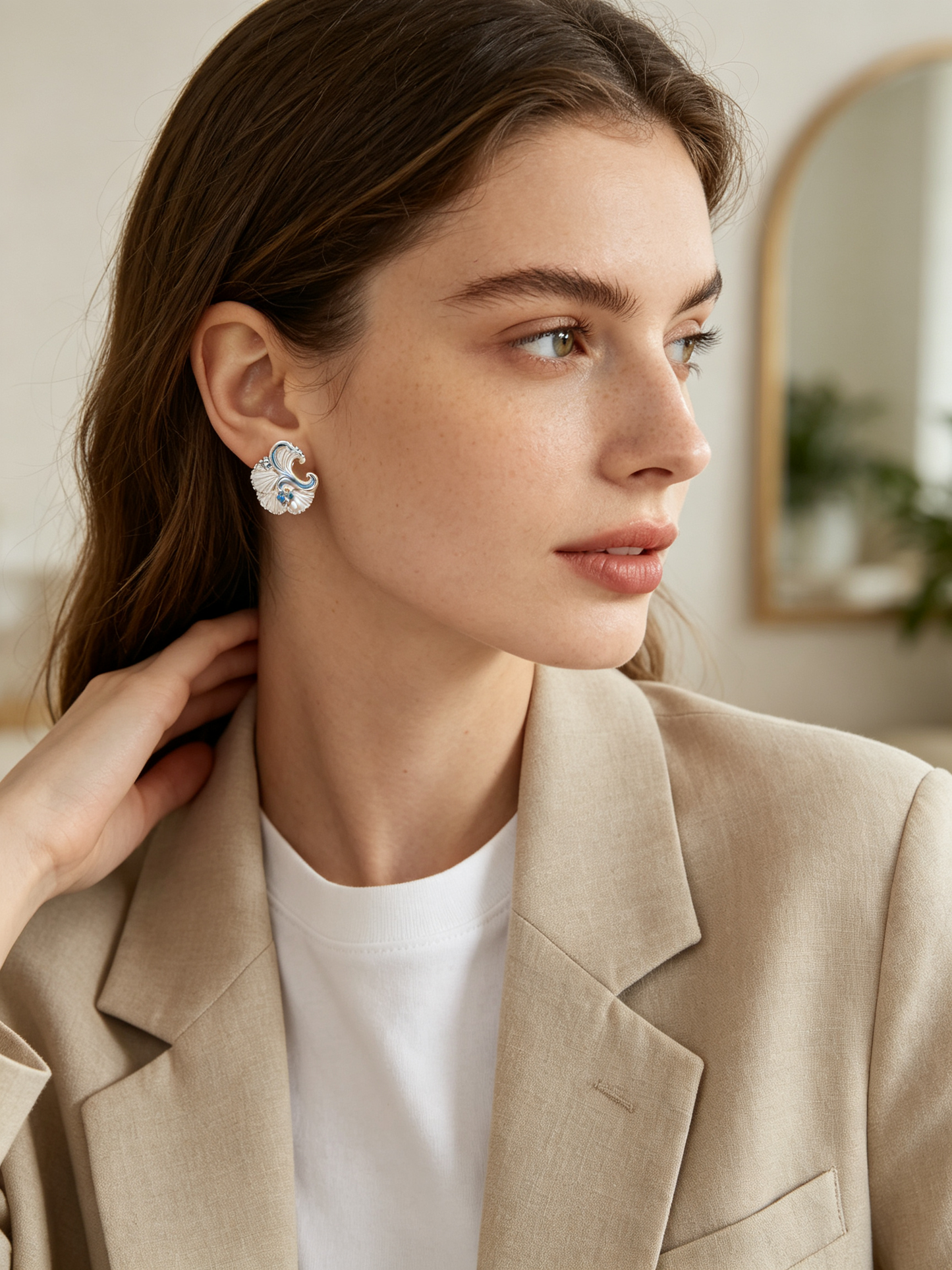Ocean Wave Ginkgo Pearl Stud Earrings