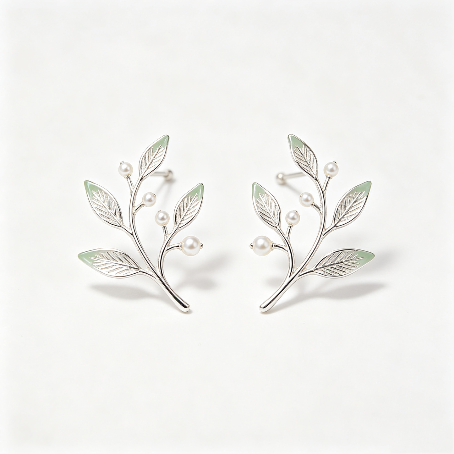 Green Leaf Branch Pearl Stud Earrings